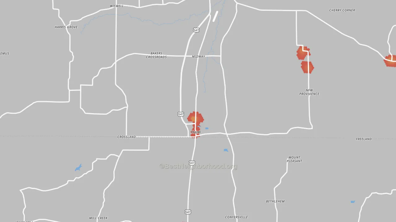 Walk Grade map of Hazel, KY, walkable areas in green and car-dependent areas in red