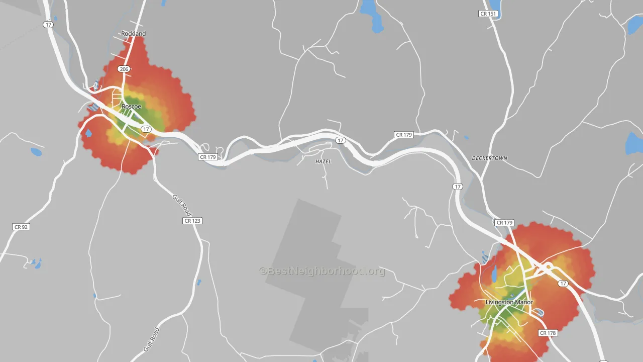 Walk Grade map of Hazel, NY, walkable areas in green and car-dependent areas in red