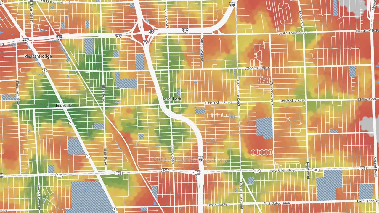 Walk Grade map of Hazel Park, MI, walkable areas in green and car-dependent areas in red