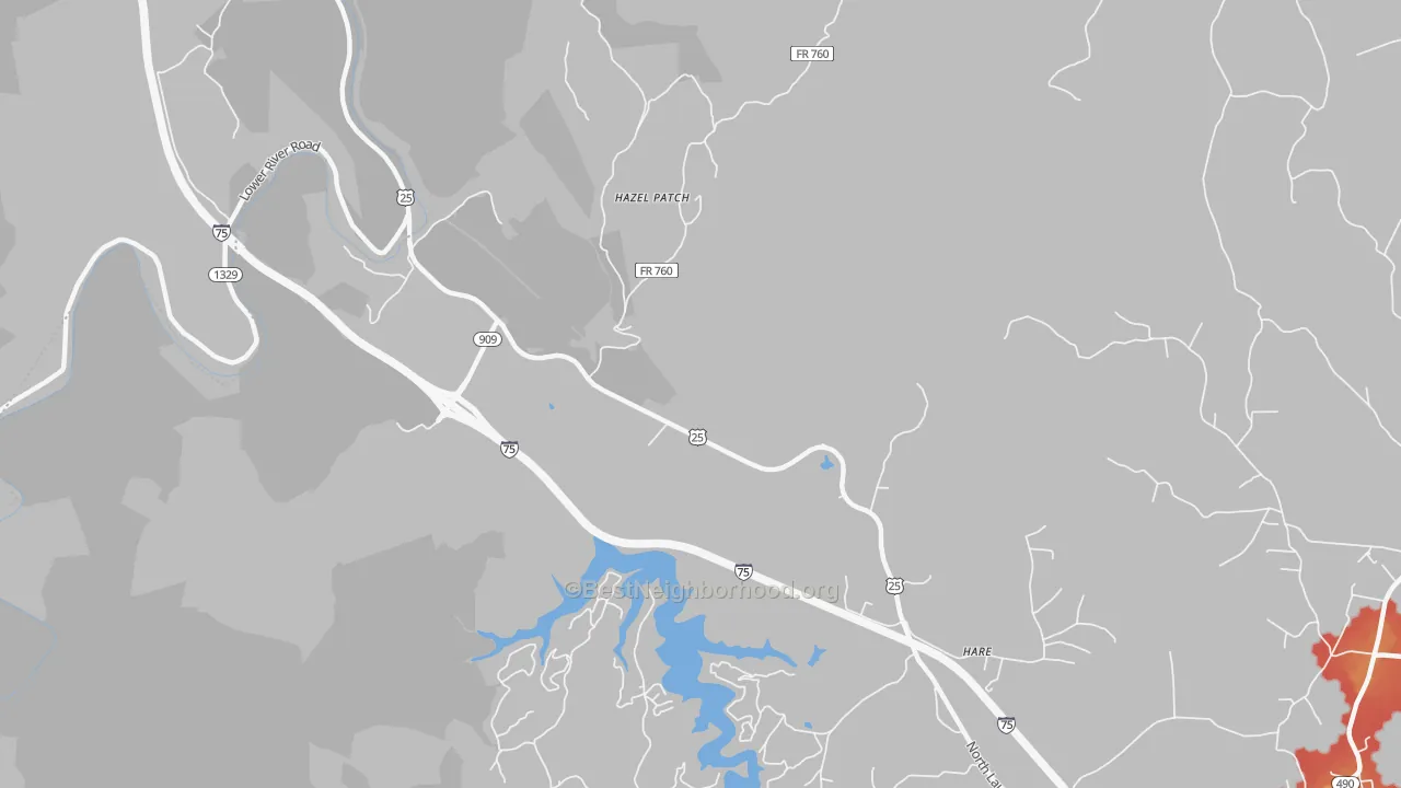 Walk Grade map of Hazel Patch, KY, walkable areas in green and car-dependent areas in red