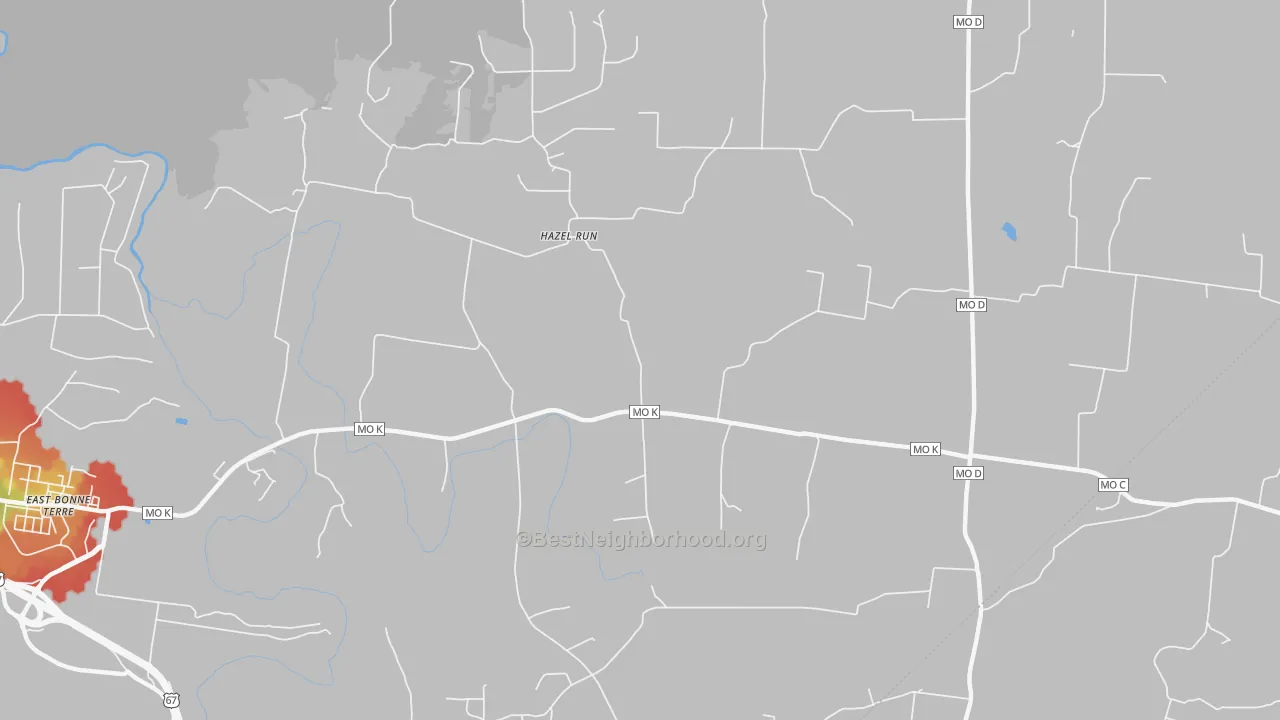 Walk Grade map of Hazel Run, MO, walkable areas in green and car-dependent areas in red