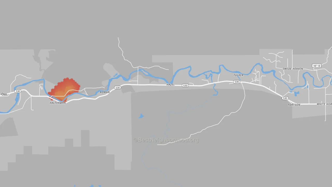 Walk Grade map of Hazel, WA, walkable areas in green and car-dependent areas in red