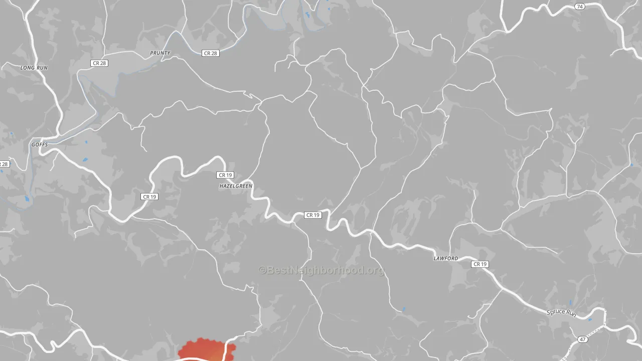 Walk Grade map of Hazelgreen, WV, walkable areas in green and car-dependent areas in red