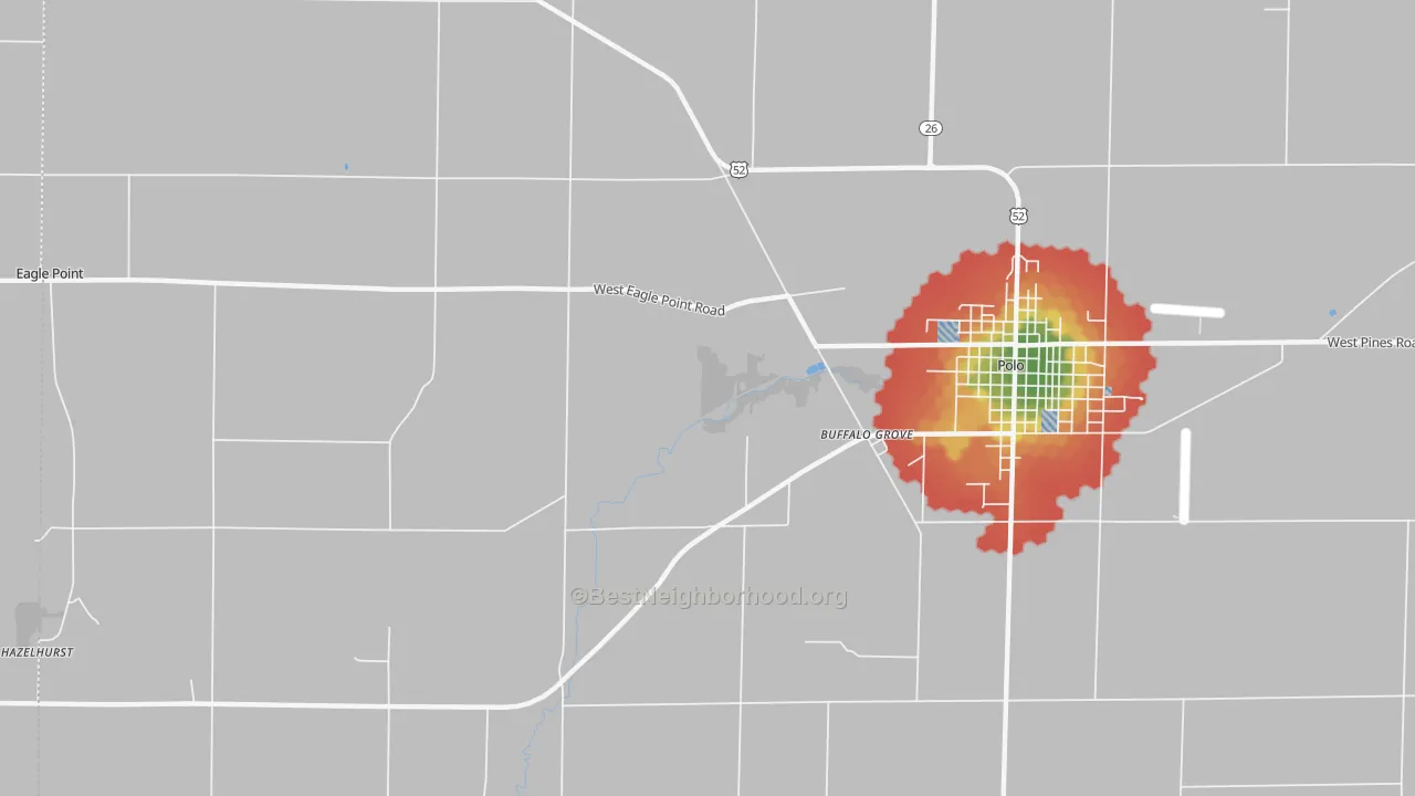 Walk Grade map of Hazelhurst, IL, walkable areas in green and car-dependent areas in red