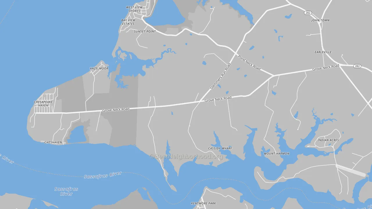 Walk Grade map of Hazelmoor, MD, walkable areas in green and car-dependent areas in red