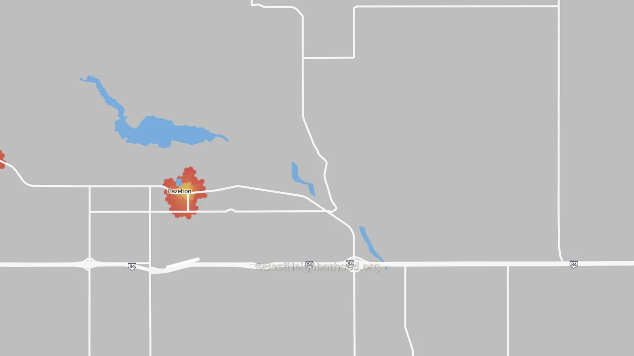 Walk Grade map of Hazelton, ID, walkable areas in green and car-dependent areas in red