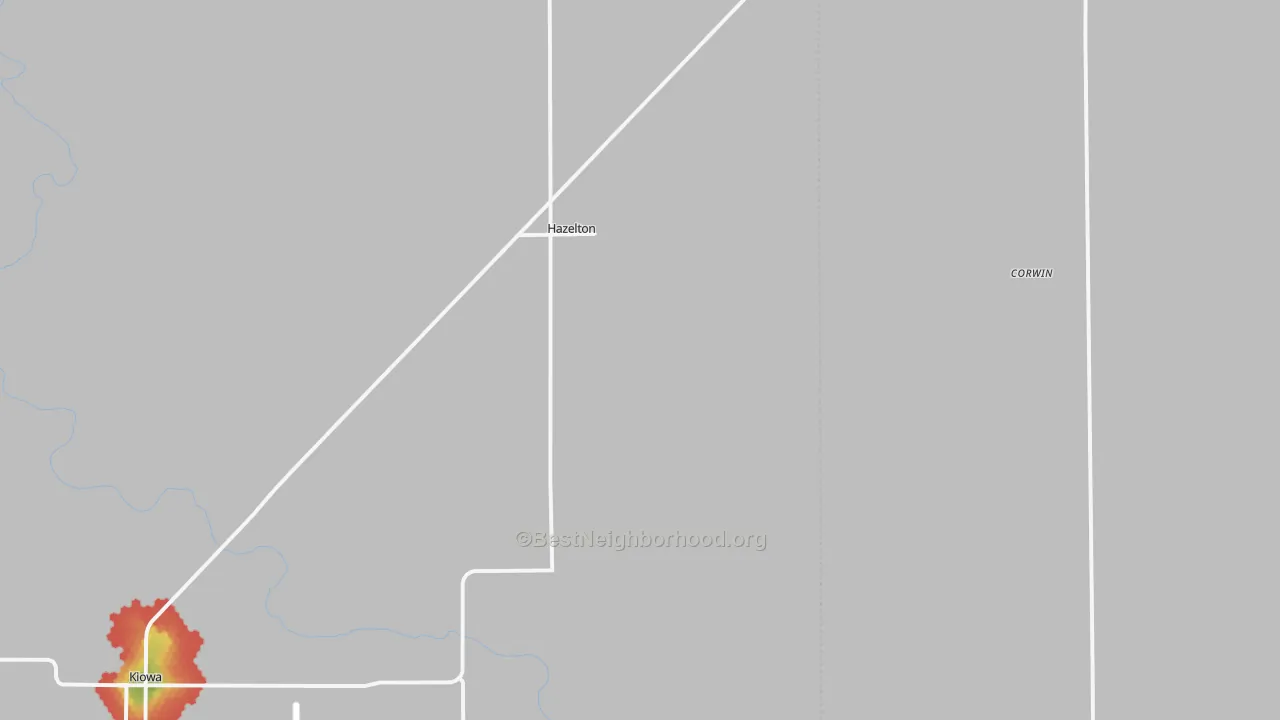 Walk Grade map of Hazelton, KS, walkable areas in green and car-dependent areas in red