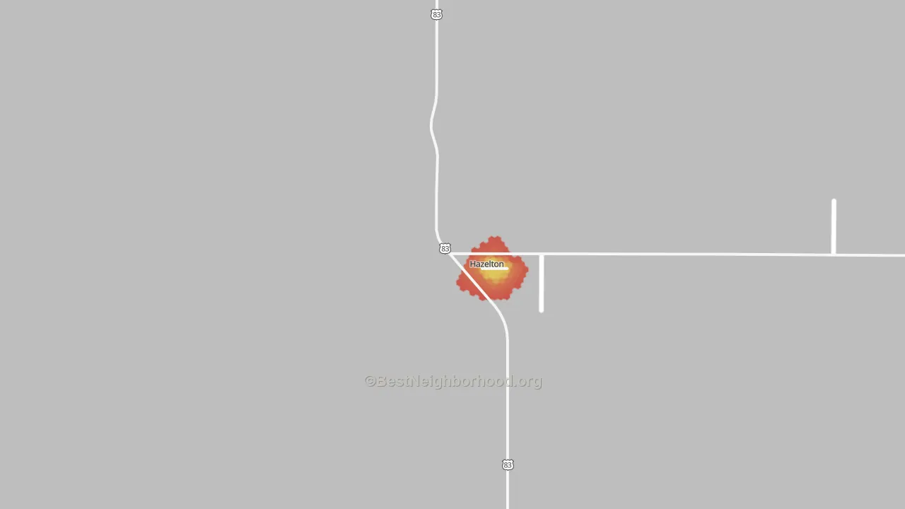 Walk Grade map of Hazelton, ND, walkable areas in green and car-dependent areas in red