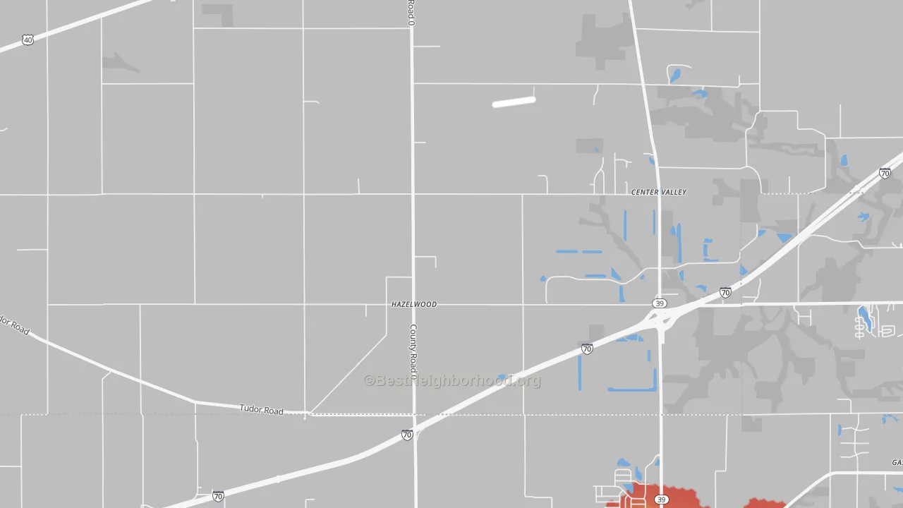 Walk Grade map of Hazelwood, IN, walkable areas in green and car-dependent areas in red