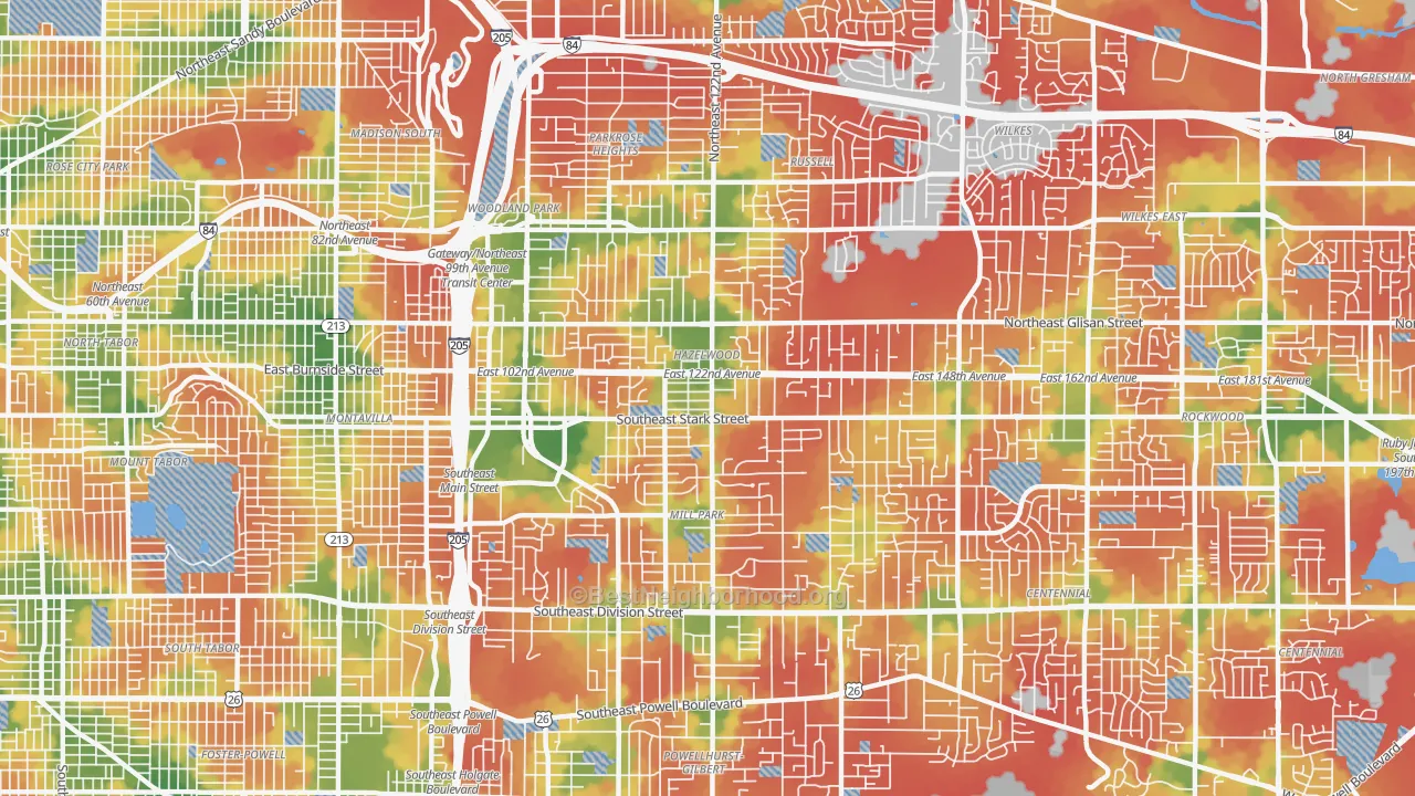 Walk Grade map of Hazelwood-Mill Park, Portland, OR, walkable areas in green and car-dependent areas in red