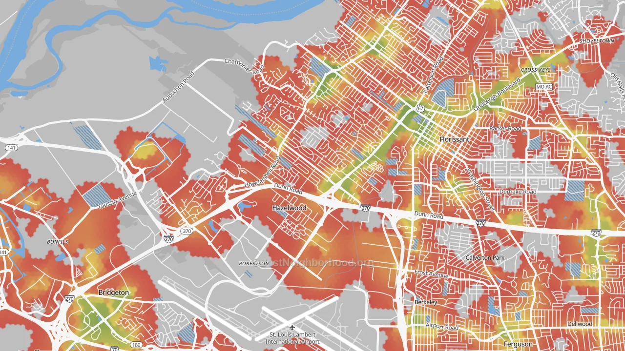 Walk Grade map of Hazelwood, MO, walkable areas in green and car-dependent areas in red