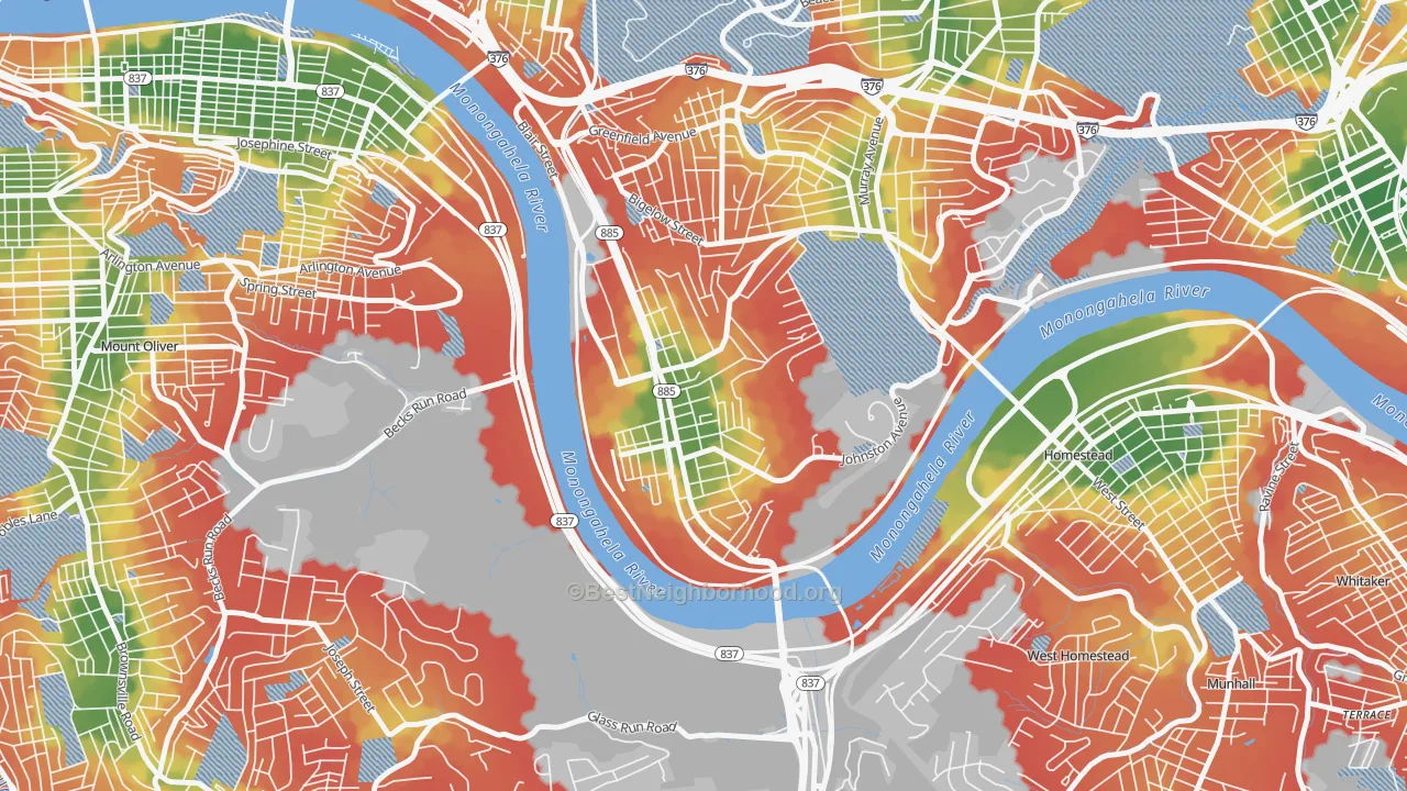 Walk Grade map of Hazelwood, Pittsburgh, PA, walkable areas in green and car-dependent areas in red