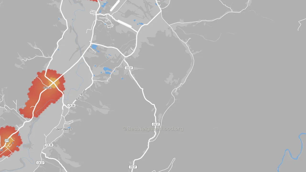 Walk Grade map of Hazelwood, WV, walkable areas in green and car-dependent areas in red
