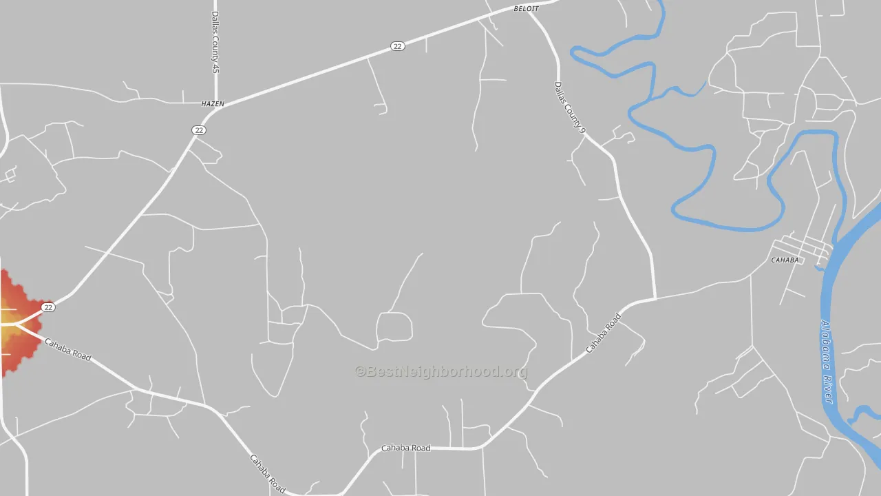 Walk Grade map of Hazen, AL, walkable areas in green and car-dependent areas in red