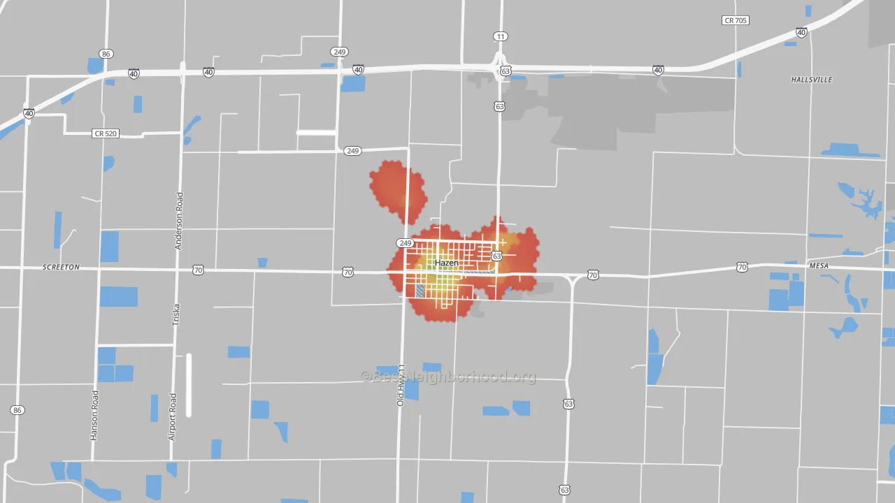 Walk Grade map of Hazen, AR, walkable areas in green and car-dependent areas in red