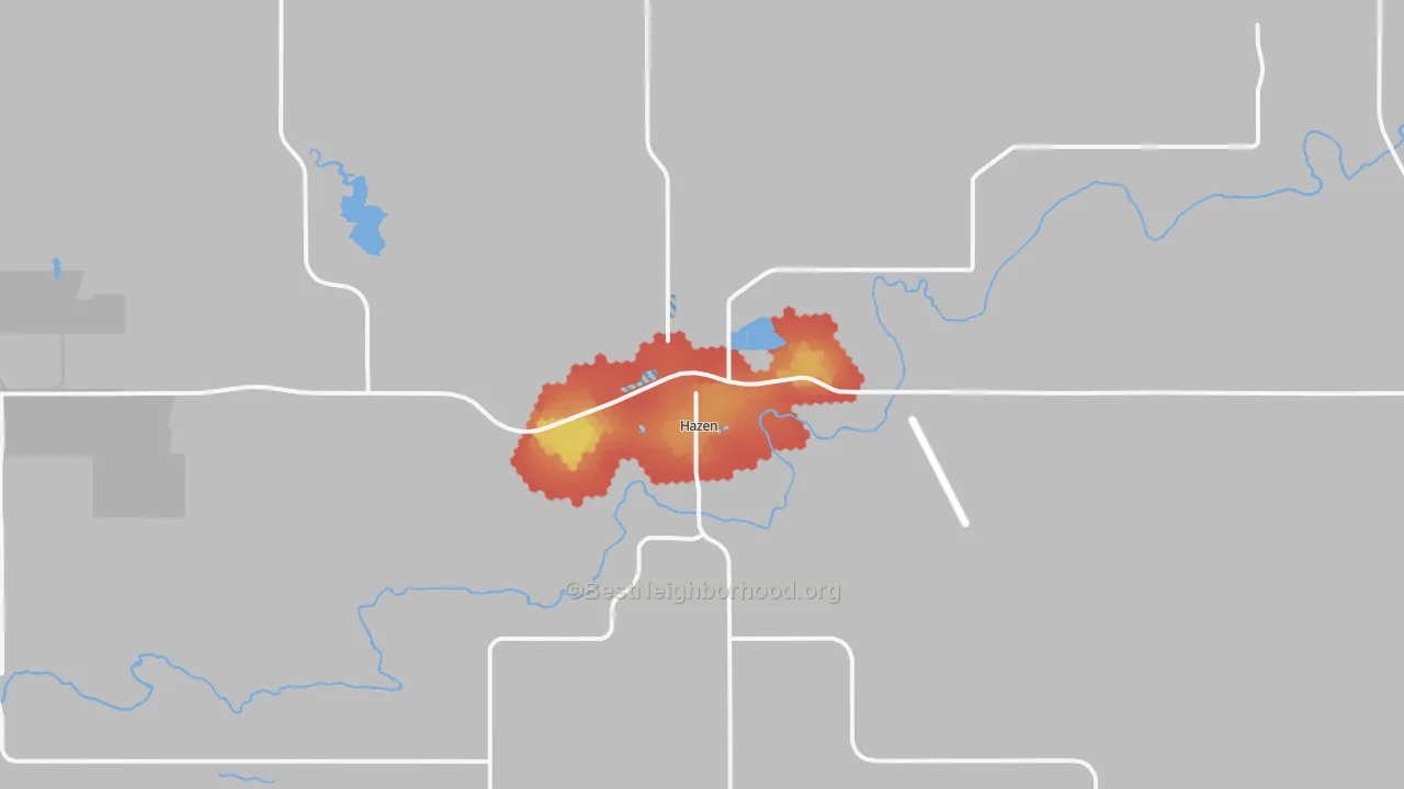 Walk Grade map of Hazen, ND, walkable areas in green and car-dependent areas in red
