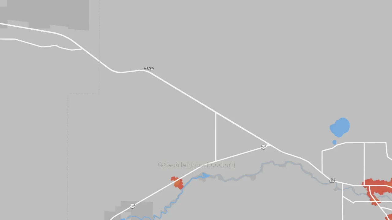Walk Grade map of Hazen, NV, walkable areas in green and car-dependent areas in red