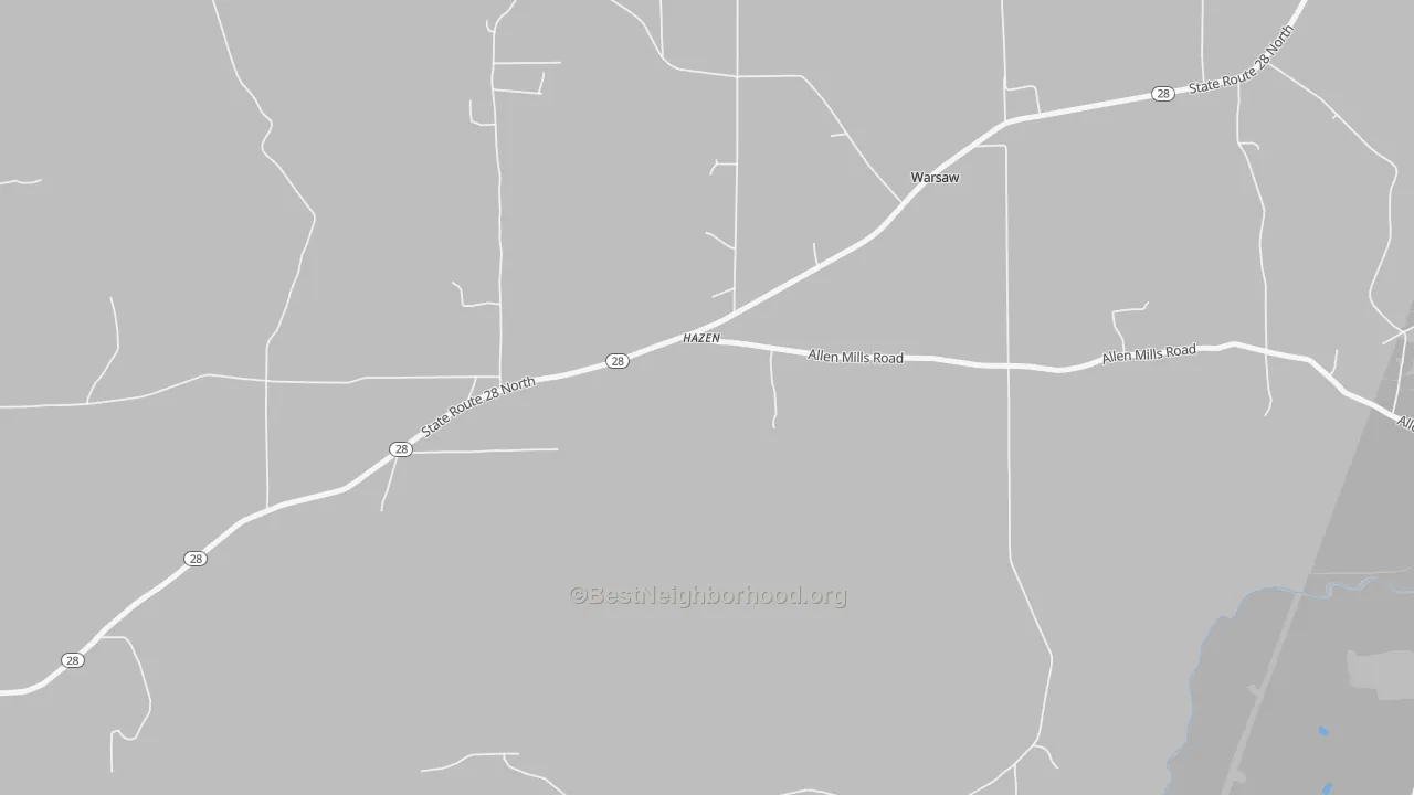 Walk Grade map of Hazen, PA, walkable areas in green and car-dependent areas in red