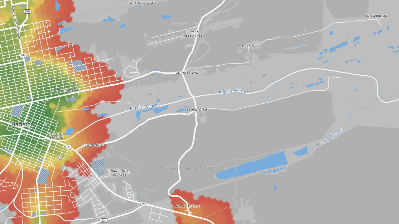 Walk Grade map of Hazle Township, PA, walkable areas in green and car-dependent areas in red