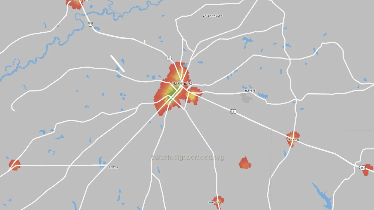 Walk Grade map of Hazlehurst, GA, walkable areas in green and car-dependent areas in red