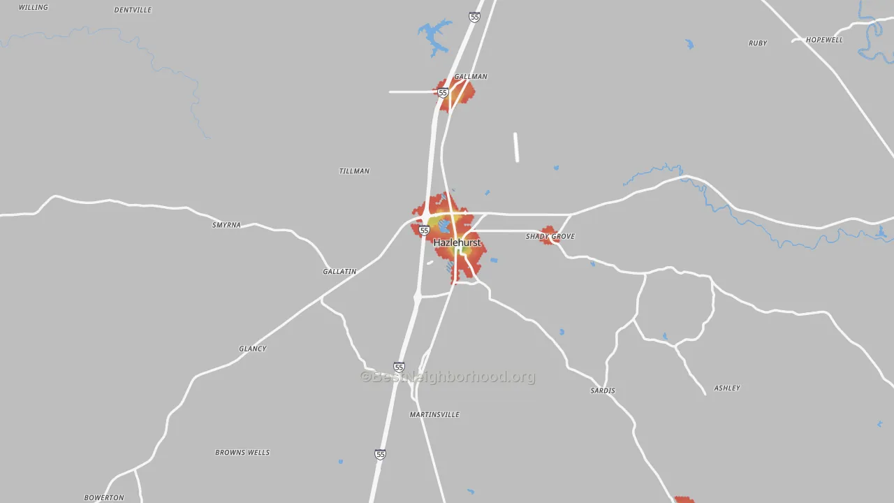 Walk Grade map of Hazlehurst, MS, walkable areas in green and car-dependent areas in red