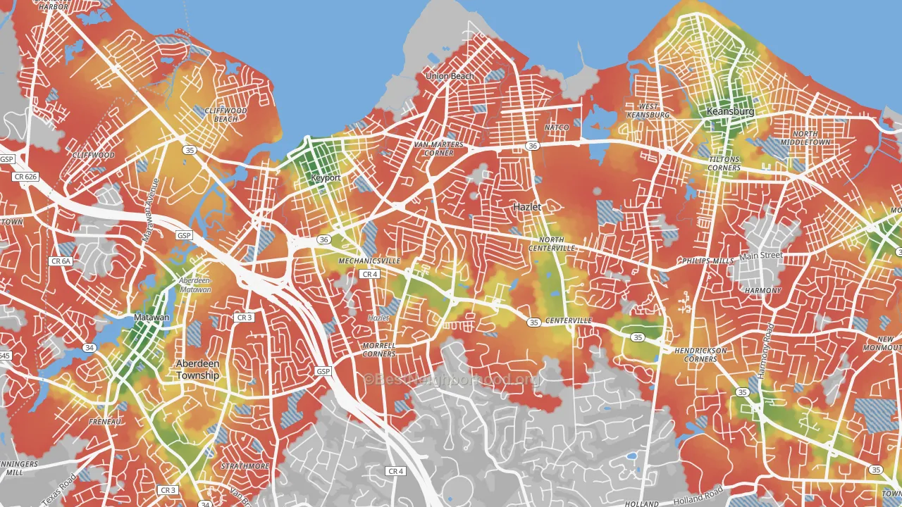 Walk Grade map of Hazlet, NJ, walkable areas in green and car-dependent areas in red