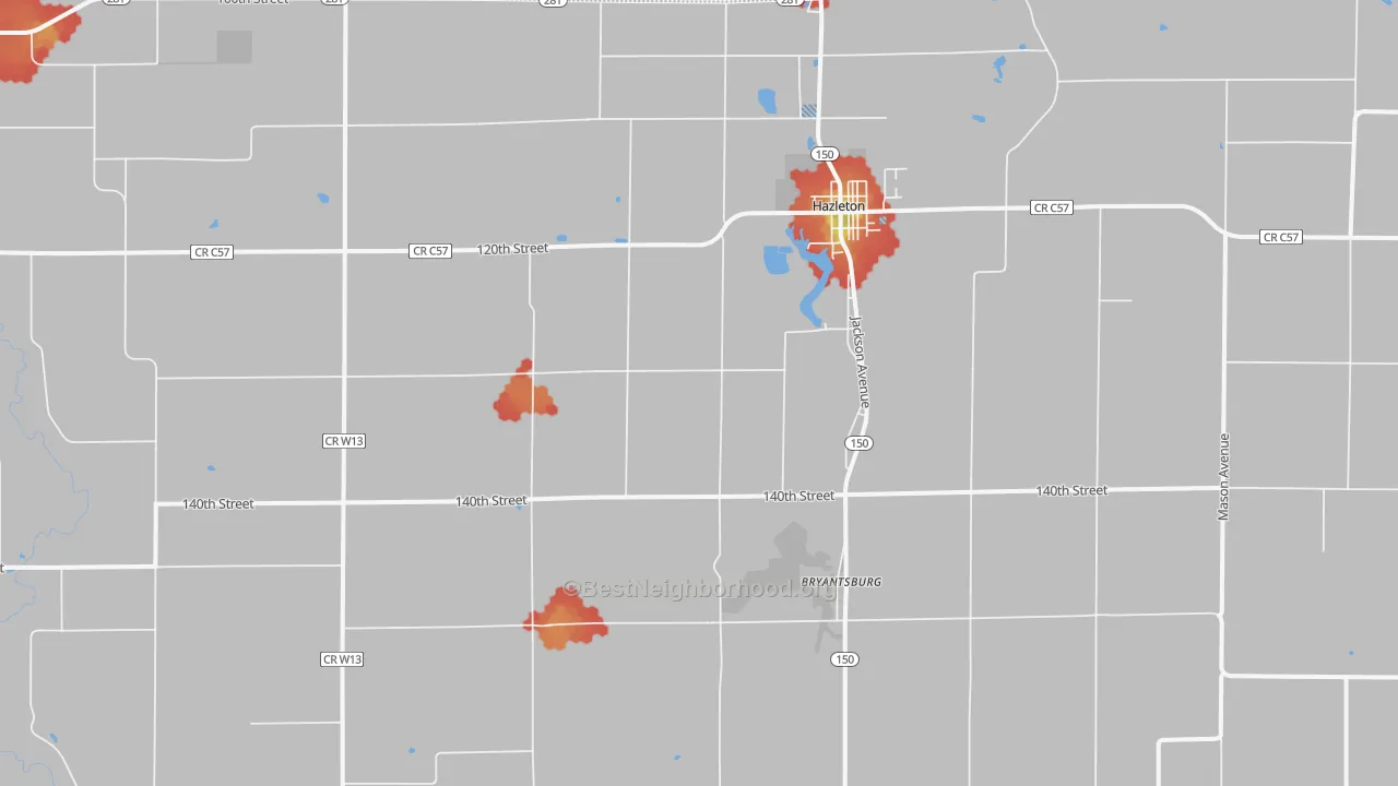 Walk Grade map of Hazleton, IA, walkable areas in green and car-dependent areas in red