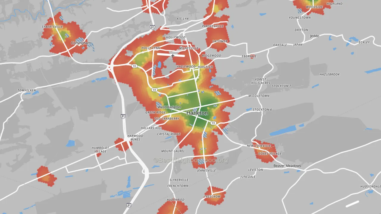 Walk Grade map of Hazleton, PA, walkable areas in green and car-dependent areas in red