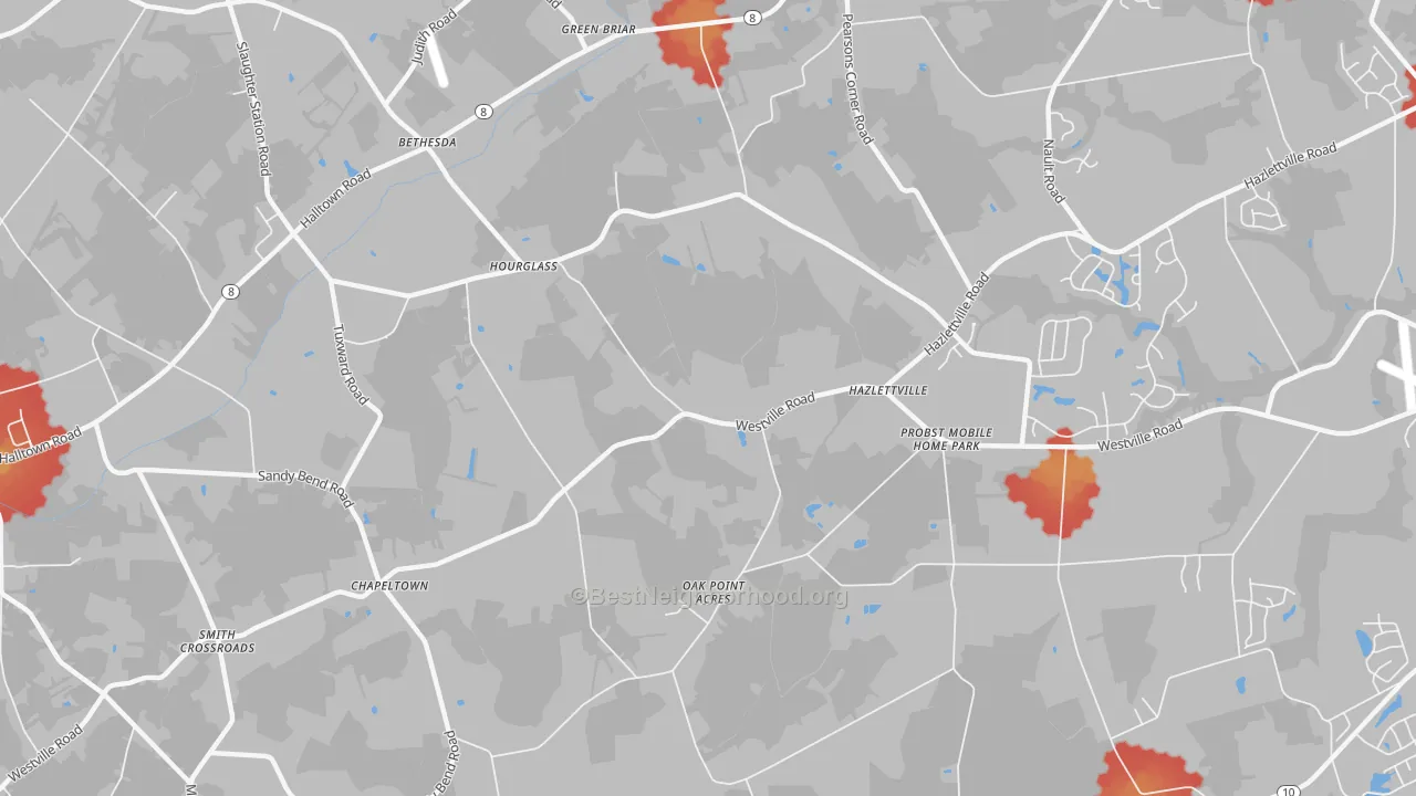 Walk Grade map of Hazlettville, DE, walkable areas in green and car-dependent areas in red