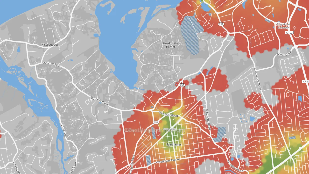 Walk Grade map of Head of the Harbor, NY, walkable areas in green and car-dependent areas in red