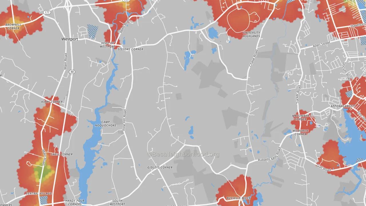 Walk Grade map of Head of Westport, MA, walkable areas in green and car-dependent areas in red