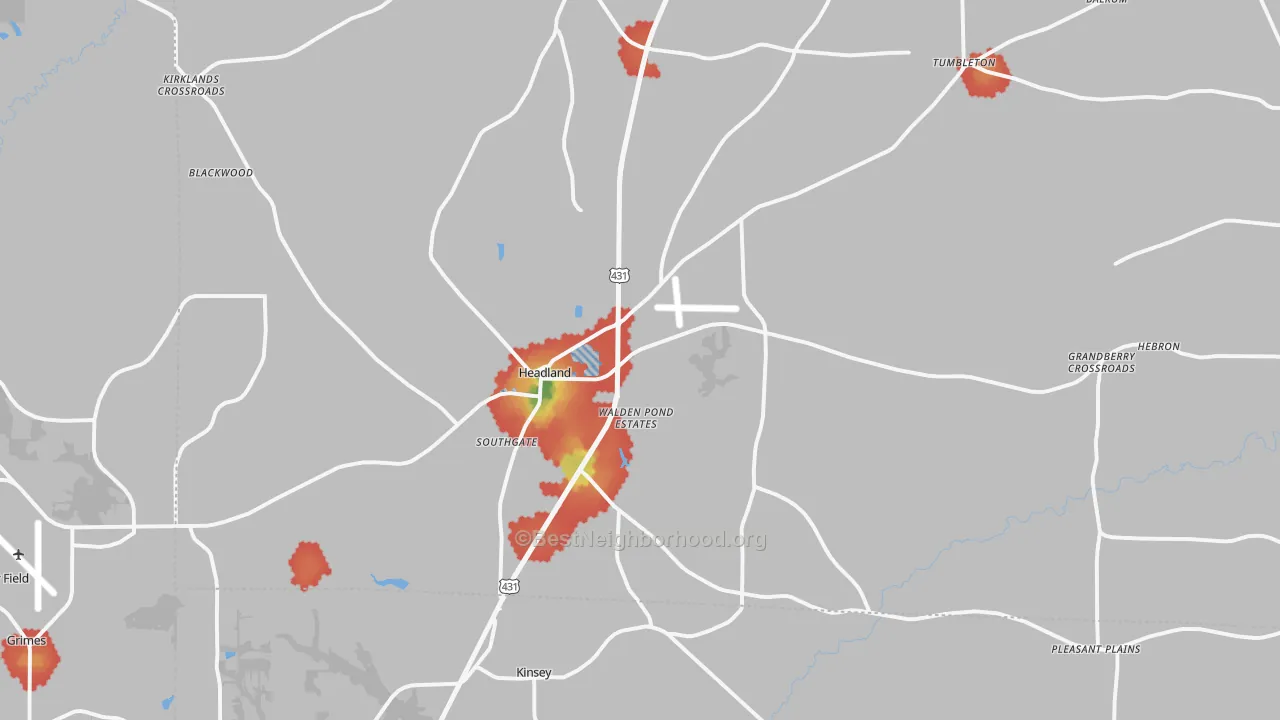 Walk Grade map of Headland, AL, walkable areas in green and car-dependent areas in red