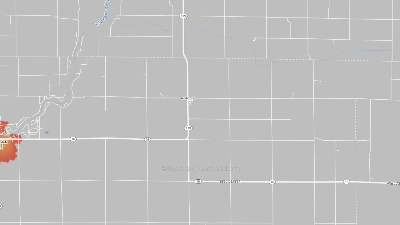 Walk Grade map of Headlee, IN, walkable areas in green and car-dependent areas in red