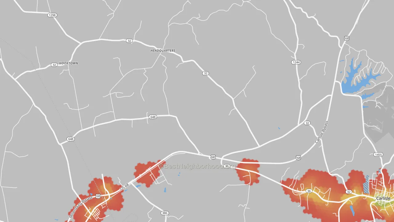 Walk Grade map of Headquarters, KY, walkable areas in green and car-dependent areas in red