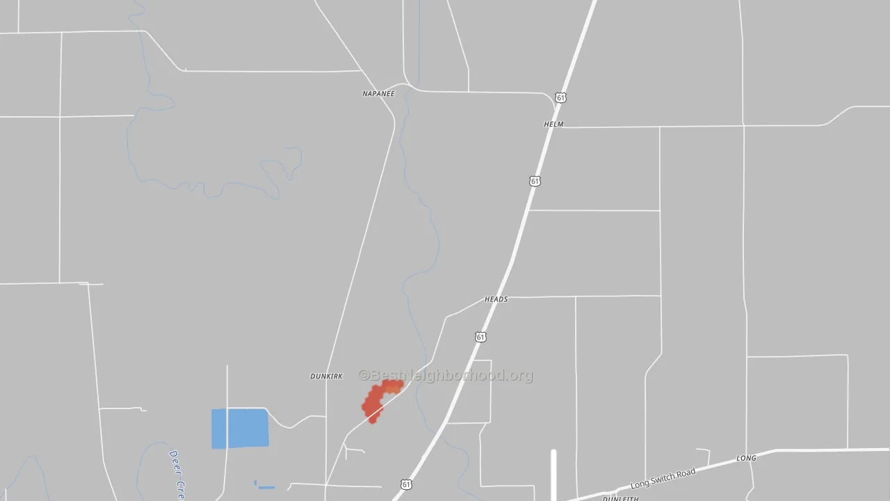 Walk Grade map of Heads, MS, walkable areas in green and car-dependent areas in red