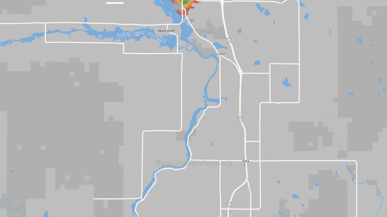 Walk Grade map of Heafford Junction, WI, walkable areas in green and car-dependent areas in red