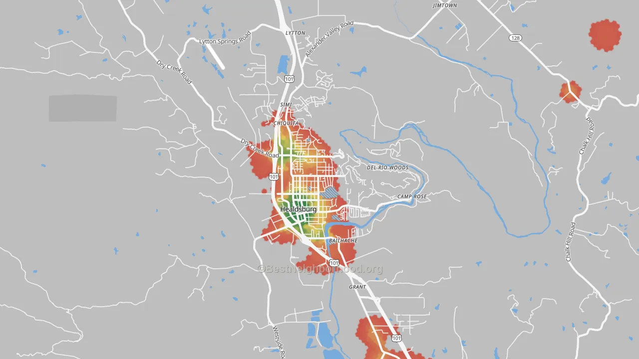 Walk Grade map of Healdsburg, CA, walkable areas in green and car-dependent areas in red