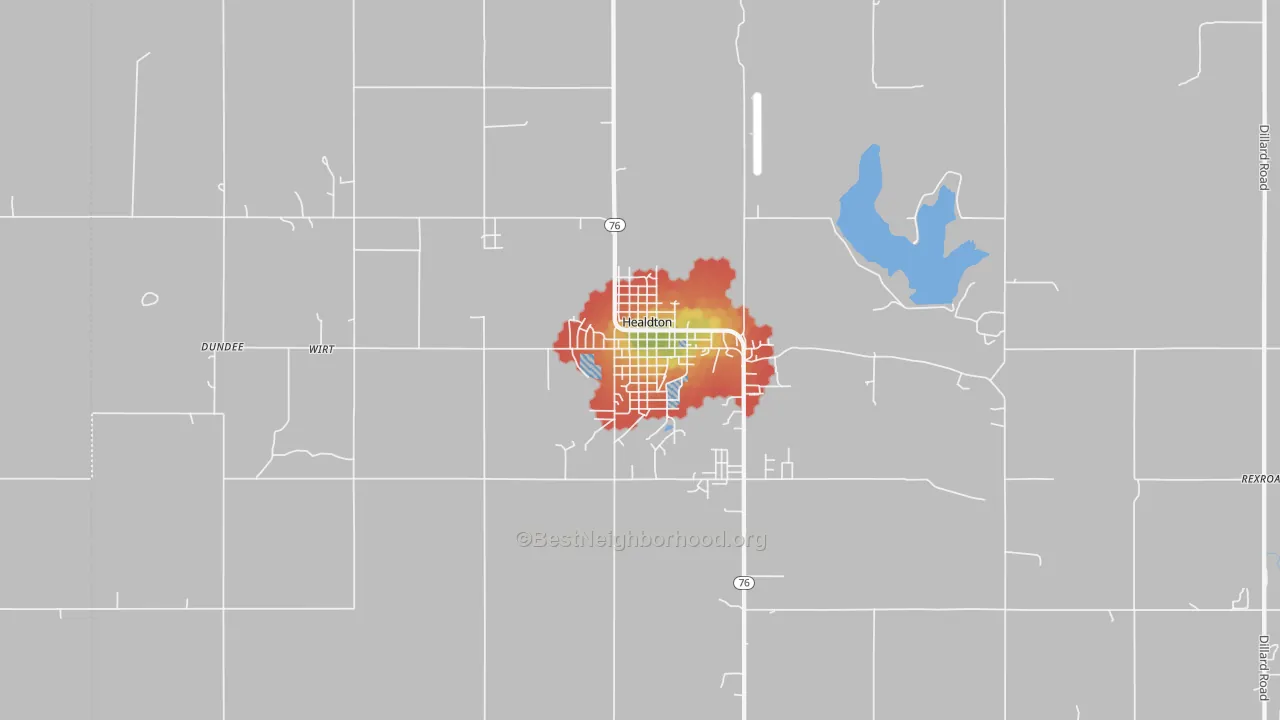 Walk Grade map of Healdton, OK, walkable areas in green and car-dependent areas in red