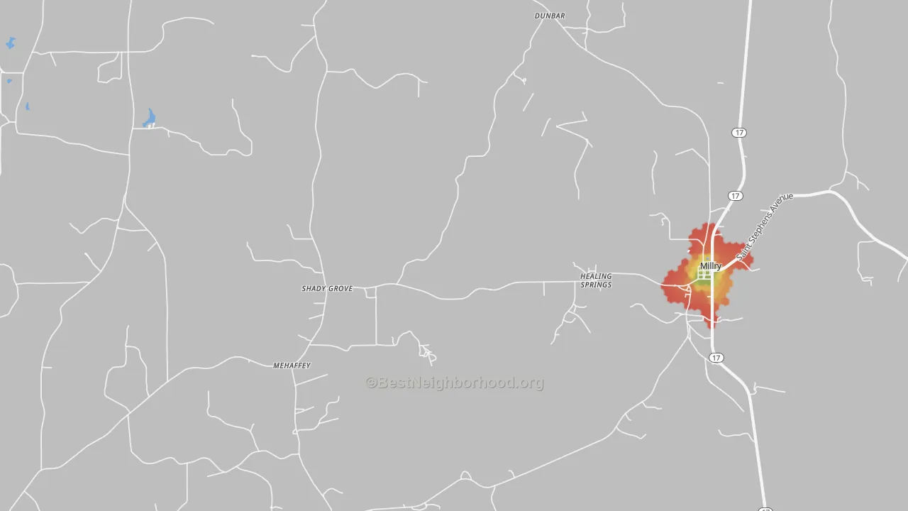 Walk Grade map of Healing Springs, AL, walkable areas in green and car-dependent areas in red