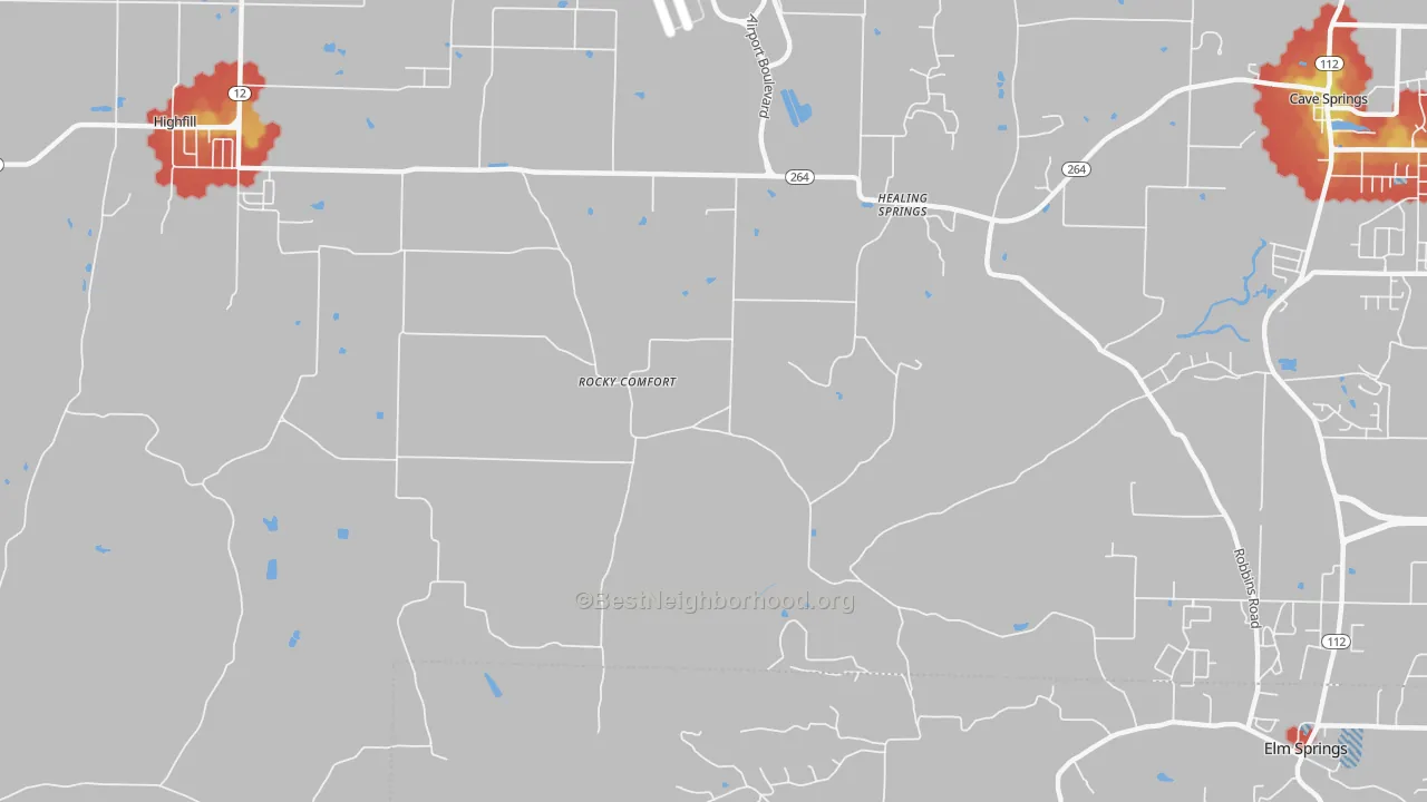 Walk Grade map of Healing Springs, AR, walkable areas in green and car-dependent areas in red