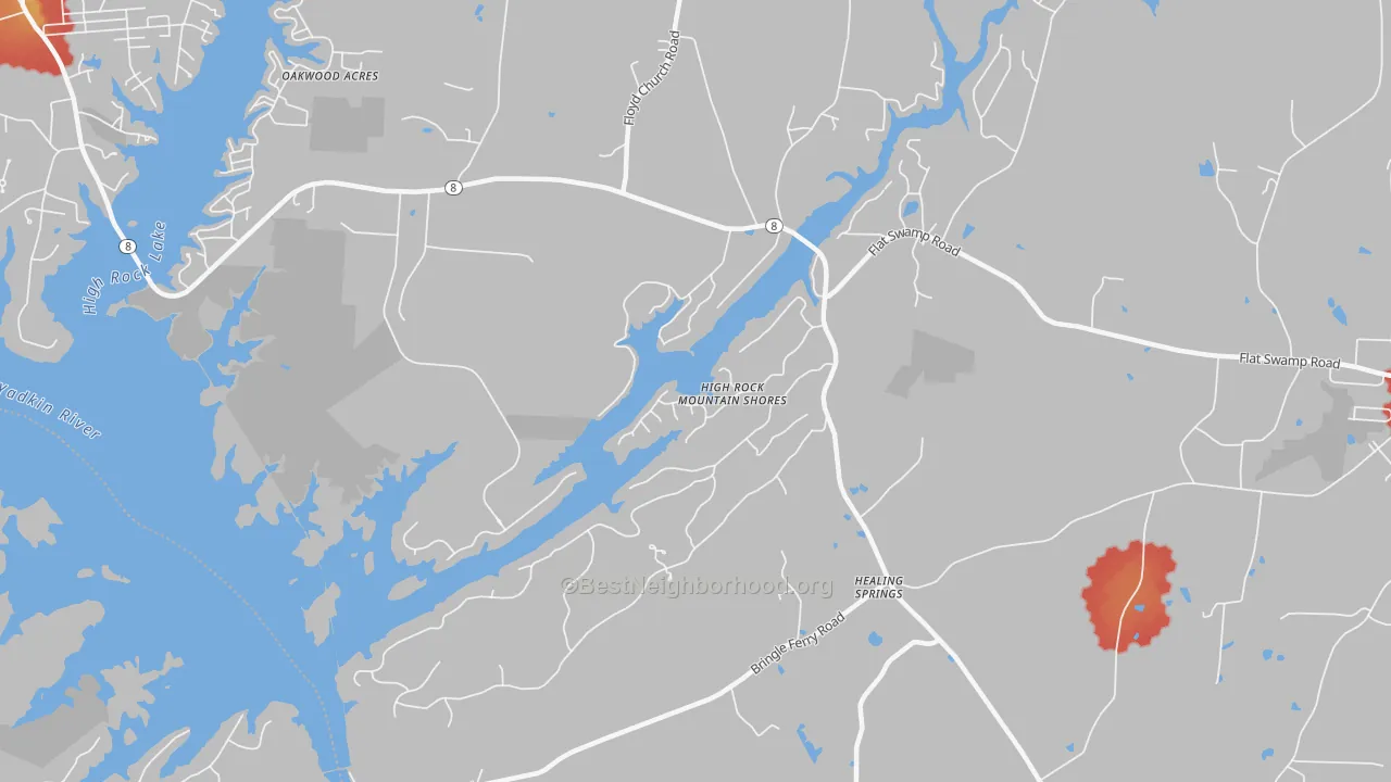 Walk Grade map of Healing Springs, NC, walkable areas in green and car-dependent areas in red