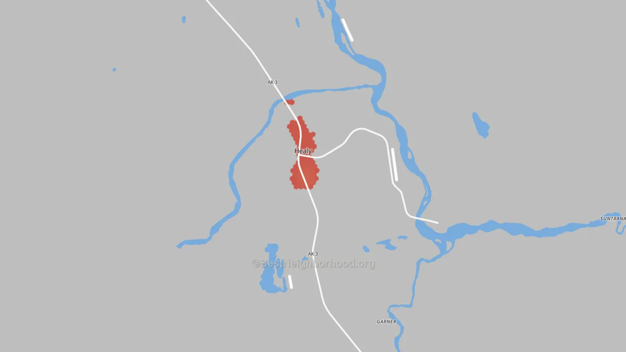 Walk Grade map of Healy, AK, walkable areas in green and car-dependent areas in red