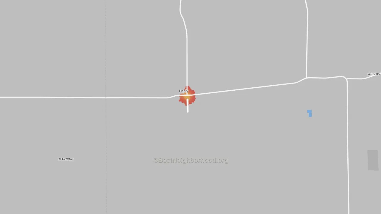 Walk Grade map of Healy, KS, walkable areas in green and car-dependent areas in red