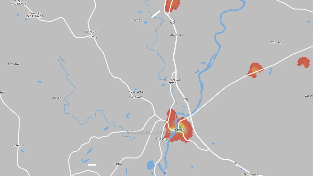 Walk Grade map of Heard County, GA, walkable areas in green and car-dependent areas in red
