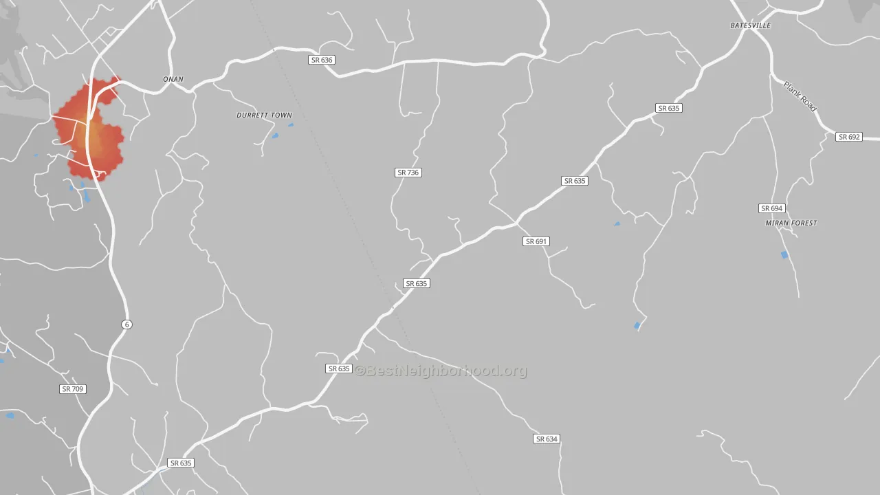 Walk Grade map of Heards, VA, walkable areas in green and car-dependent areas in red