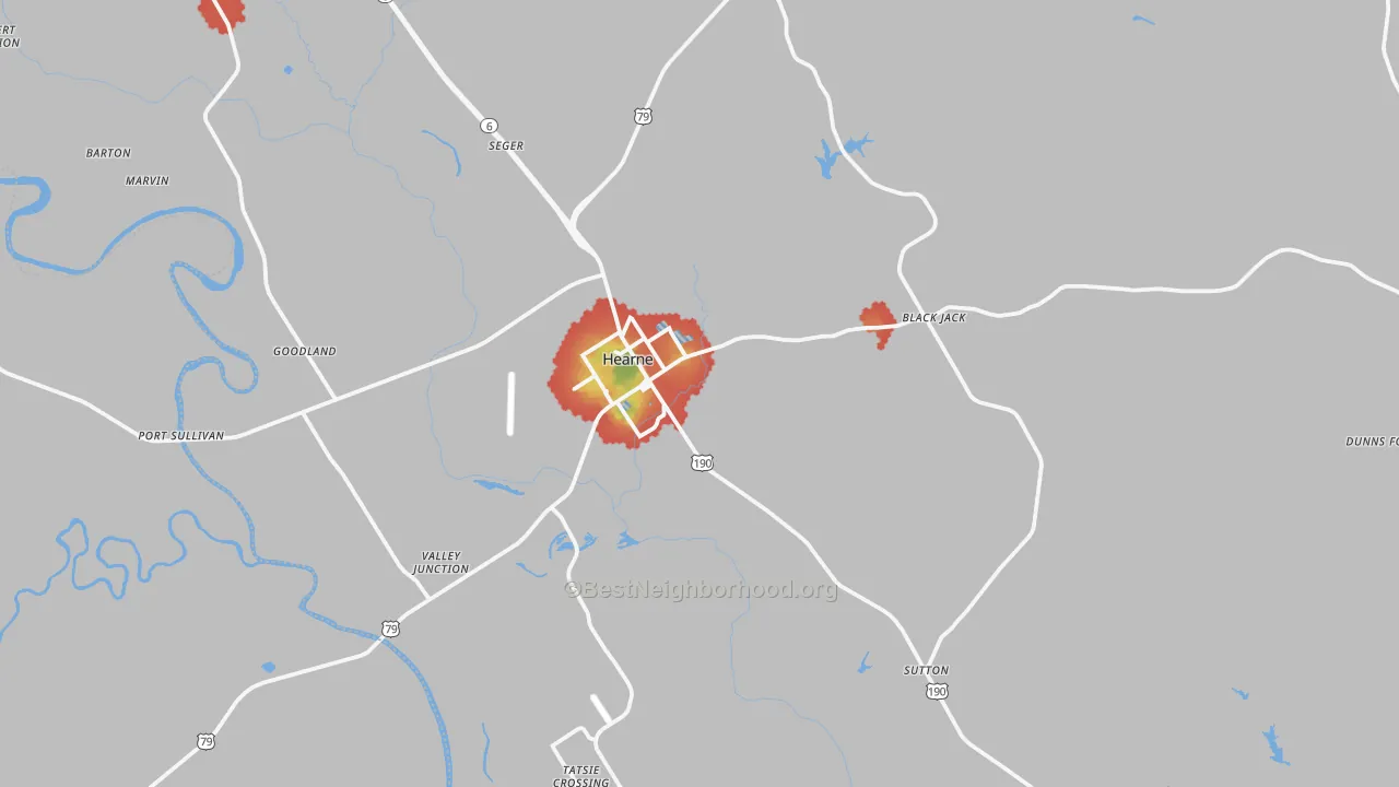 Walk Grade map of Hearne, TX, walkable areas in green and car-dependent areas in red