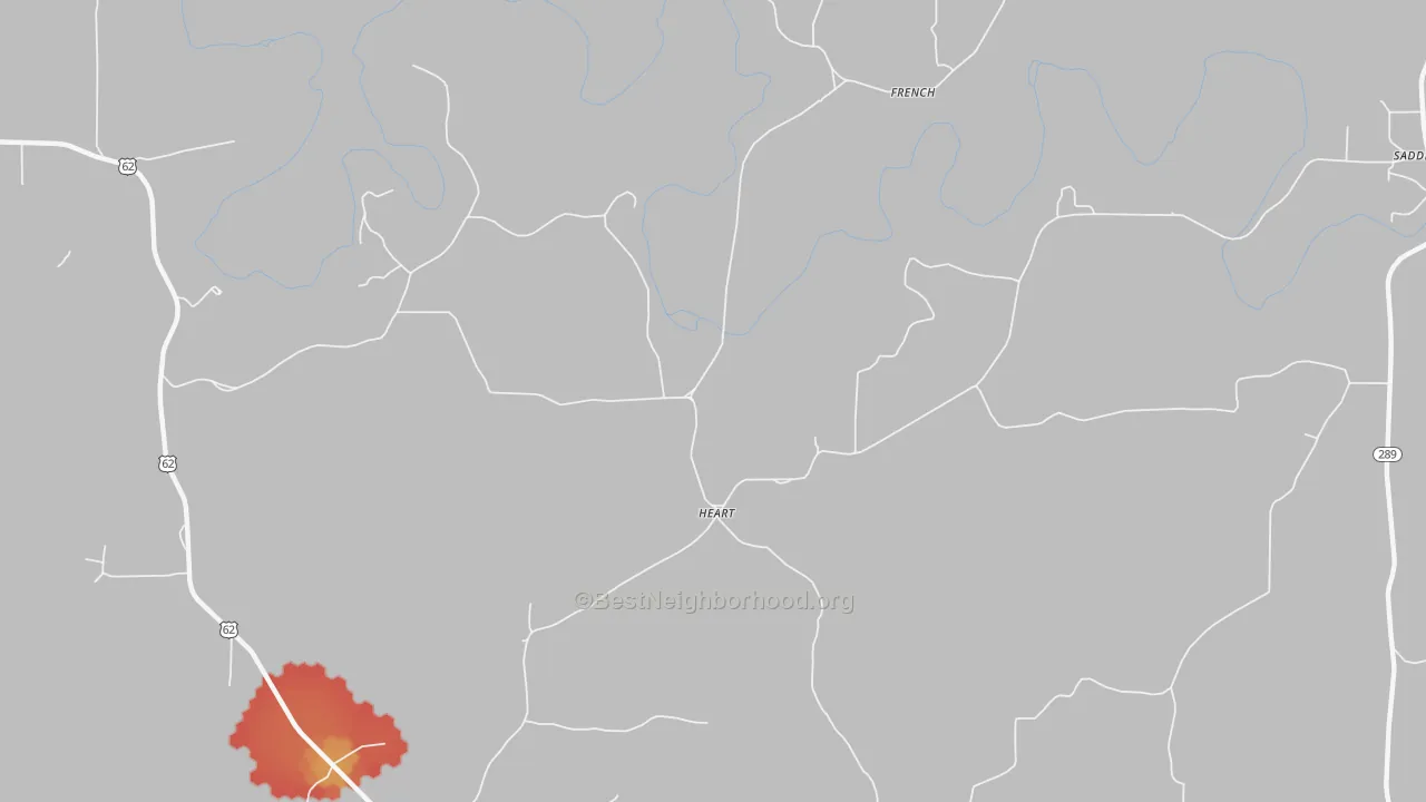 Walk Grade map of Heart, AR, walkable areas in green and car-dependent areas in red