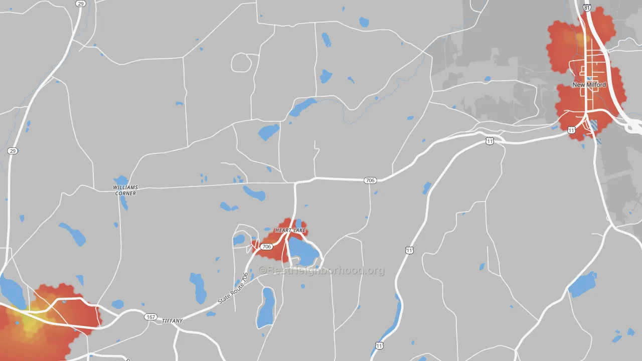 Walk Grade map of Heart Lake, PA, walkable areas in green and car-dependent areas in red