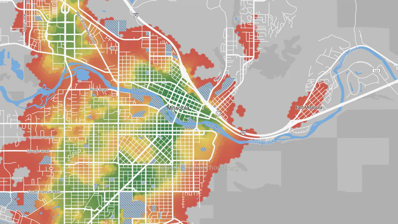 Walk Grade map of Heart of Missoula, Missoula, MT, walkable areas in green and car-dependent areas in red