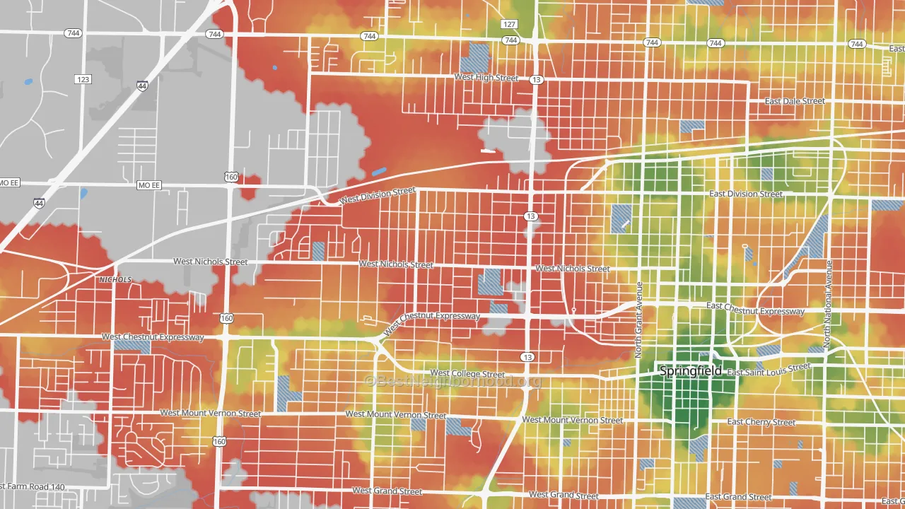 Walk Grade map of Heart of the Westside, Springfield, MO, walkable areas in green and car-dependent areas in red